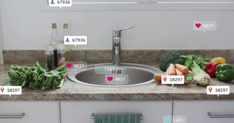 Modern kitchen sink with fresh vegetables and social media notifications overlay