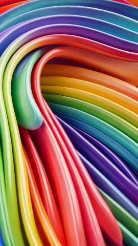 Vertical video swirling rainbow ribbons folding and flowing in glossy abstract motion loop