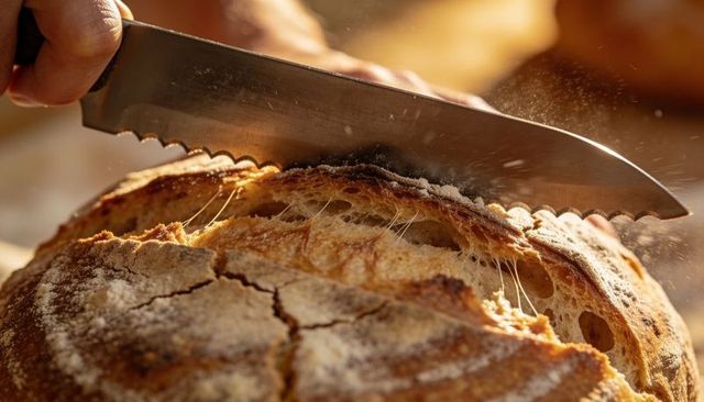Serrated knife slicing crusty artisan sourdough loaf, backlit flour dusting and open crumb