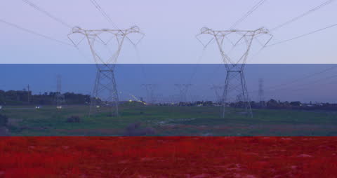 High Voltage Power Lines Superimposed with Russian Flag