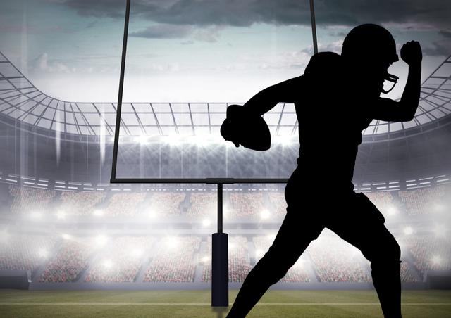 Digital composite image of silhouette athlete playing rugby in stadium