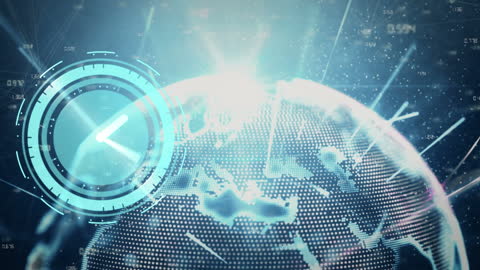 Futuristic Digital Interface with Clock and Cityscape Global Concept