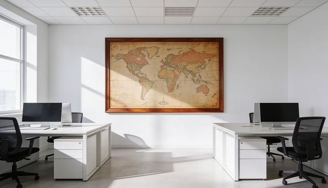 Hanging vintage world map decorating modern minimalist office with desks and monitors