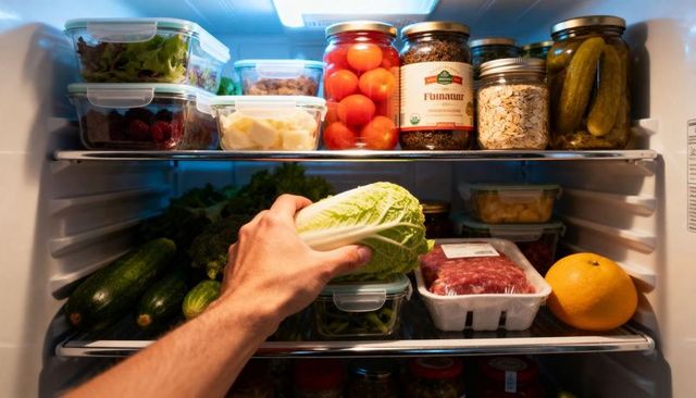 Hand grasping napa cabbage in organized refrigerator with glass jars, sealed meat