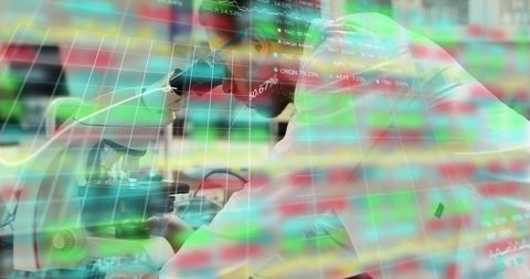Male researcher peering into microscope, stock market analytics overlaying lab workspace