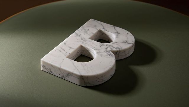 Marble letter b sculpture on olive-green surface