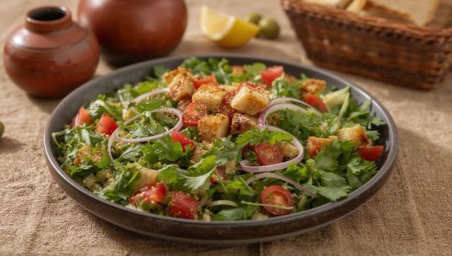 Serving rustic herb salad with cherry tomatoes quinoa red onion and garlic croutons