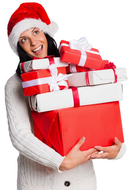 Joyful Woman Carrying Christmas Gifts with Santa Hat, Transparent Background - Download Free Stock Videos Pikwizard.com