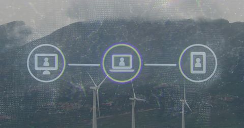 Connected iot devices over wind turbines illustrating renewable technology