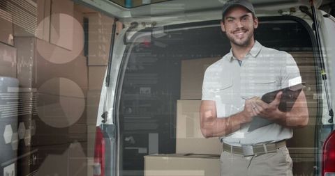 Smiling delivery man with digital interface overlay on van background