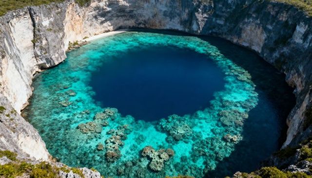 Aerial circular turquoise lagoon surrounded by limestone cliffs revealing coral reef ring