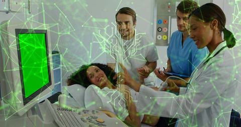 Prenatal ultrasound with ai data overlay showing fetal monitoring and obstetric team
