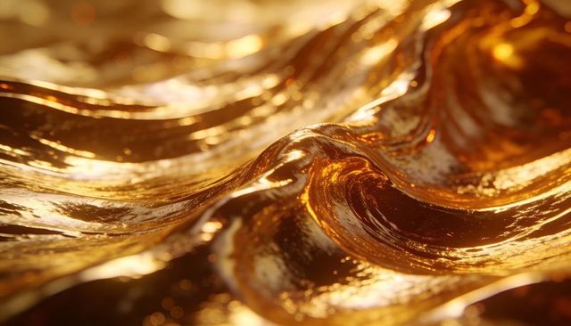 Molten gold waves shimmering liquid metal surface macro with glossy amber specular highlights