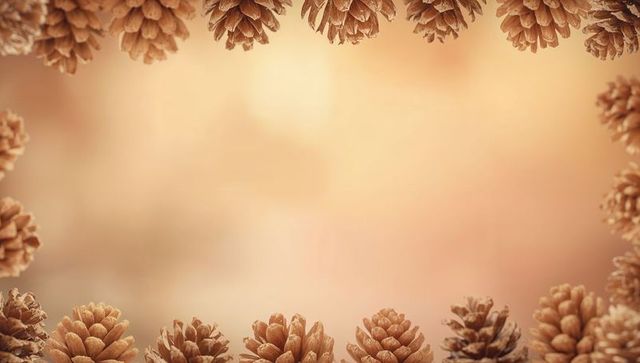 Framing pine cones border with warm bokeh background for autumn and holiday designs