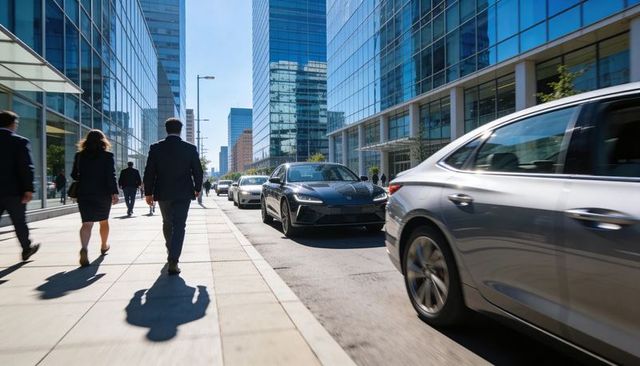 Corporate commuters walking past glass skyscrapers as sedans move along busy downtown avenue