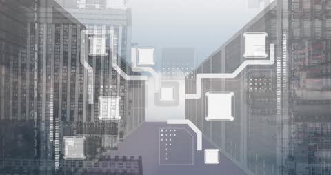 Digital Connections Overlaying Data Server Room and Cityscape
