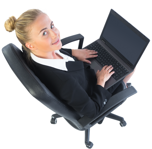 Blonde Businesswoman Sitting on Swivel Chair with Laptop Transparent Background - Download Free Stock Videos Pikwizard.com