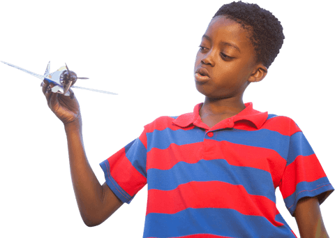 Joyful child with toy airplane on sunny day transparent background