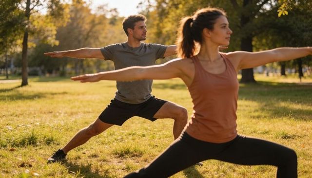 Couple practicing yoga in sunlit park doing warrior ii poses for outdoor fitness
