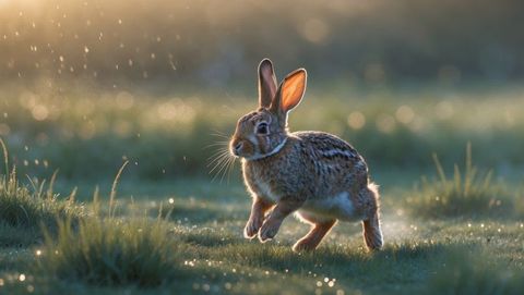 Wild cottontail rabbit leaping through dew-kissed grassland at sunrise