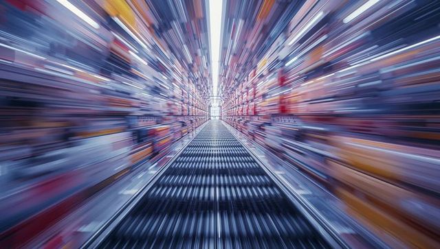 High-speed escalator in futuristic warehouse storage