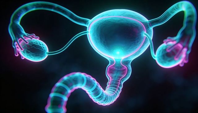 Neon 3d uterus and ovaries illustration showing translucent female reproductive anatomy