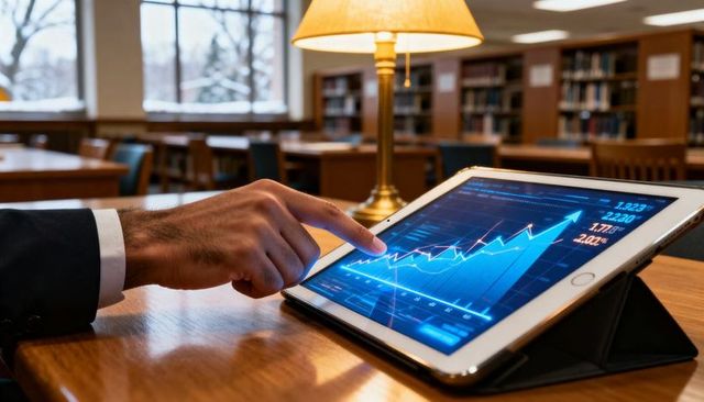 Business Professional Pointing at Rising Stock Chart on Tablet in Library Workspace