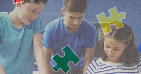 Students Collaborating on Tablet Learning with Puzzle Pieces - Download Free Stock Images Pikwizard.com