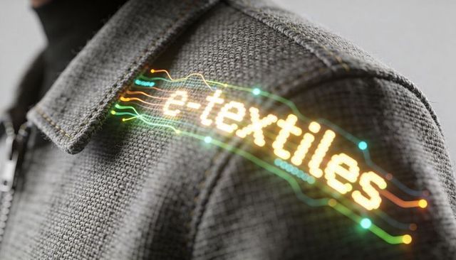 Displaying e-textiles led label on modern gray woven jacket shoulder