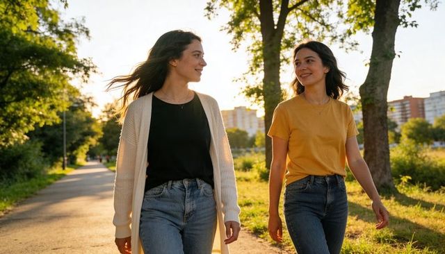 Two Friends Walking and Chatting on Sunlit Urban Park Path, Casual Denim and Summer Style