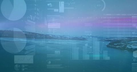Futuristic data analytics overlay on serene coastal landscape