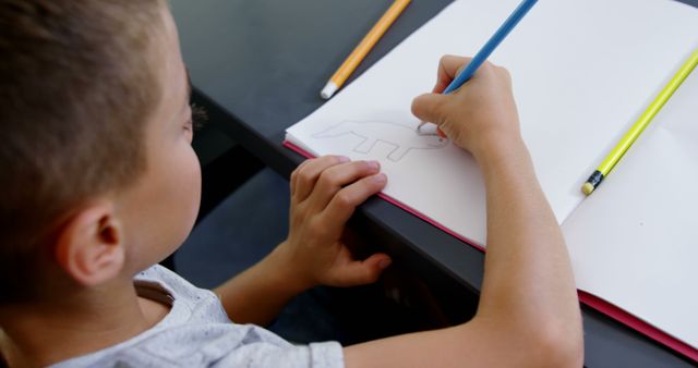 Boy drawing a picture in a notebook with pencils at a desk. Can be used for education, child development, creativity, art classes or school-related content. Great for illustrating scenes of childhood creativity and learning environments.