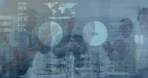 Global Business Team Analyzing Financial Data with Infographic Overlay