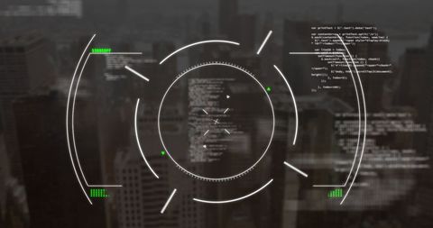 Futuristic digital overlay and coding concepts on cityscape