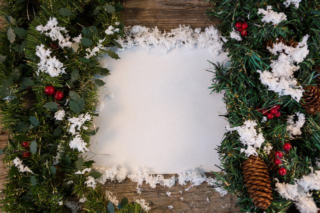 Christmas wreaths with fake snow and red berries on a wooden plank create a festive and rustic holiday decoration. Ideal for use in holiday greeting cards, seasonal advertisements, or festive social media posts.
