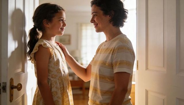 Warm mother and daughter sharing smile in sunlit doorway, home family moment