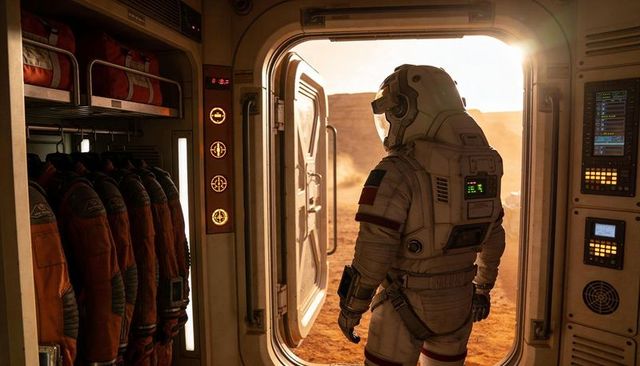 Astronaut standing in airlock overlooking dusty red plain at golden hour