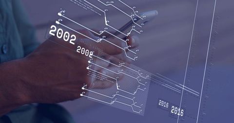 Mid-Adult Hand Holding Smartphone Using Stylus with Holographic Timeline Interface 2002–2016