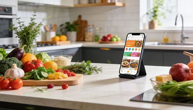 Smartphone displaying recipe app on stand with fresh produce and cutting board in modern kitchen