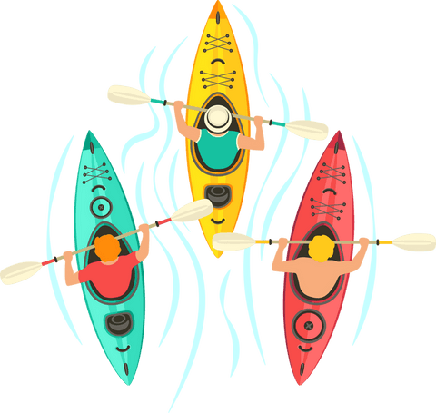 Transparent Flat Design of Three Colorful Kayaks on Wavy Water