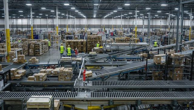 Sorting Parcels on Automated Conveyors in Large Distribution Center with Workers in Vests