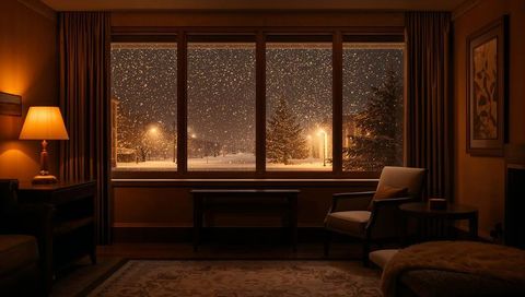 Cozy Living Room Framing Snowy Night Through Triple-Pane Window With Warm Amber Lamp