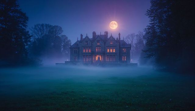 Haunting Gothic Mansion in Misty Moonlit Landscape