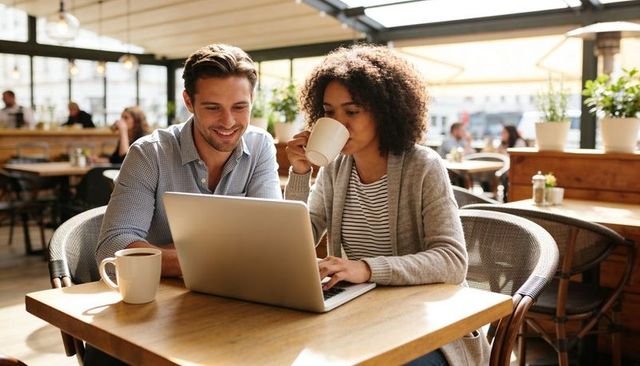 Young couple collaborating on laptop over coffee in bright modern cafe, coworking and planning