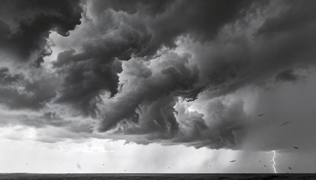Roaring storm clouds unleashing lightning over flat ocean horizon in black and white