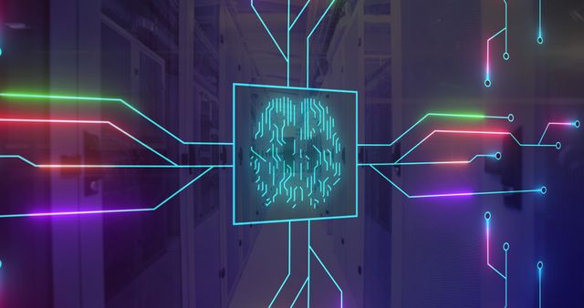 Image of neon brain and network of connections over server room. Global business and digital interface concept digitally generated image.