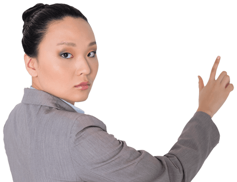 Focused Asian Businesswoman Giving Direction with Finger Pointing Transparent Background