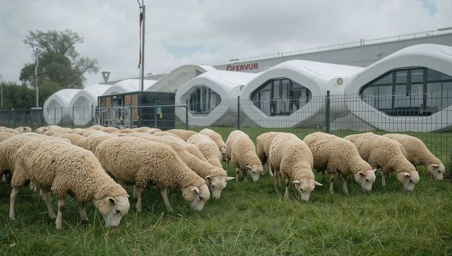 Grazing sheep flock on urban meadow beside modern modular structures and mesh fence