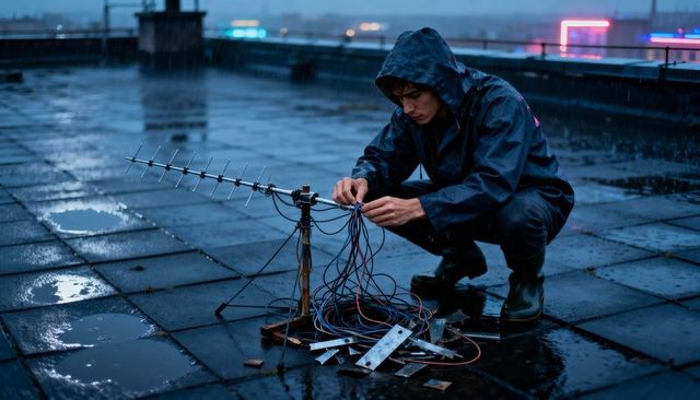 Hooded technician installing yagi antenna on rainy rooftop at dusk repairing cables