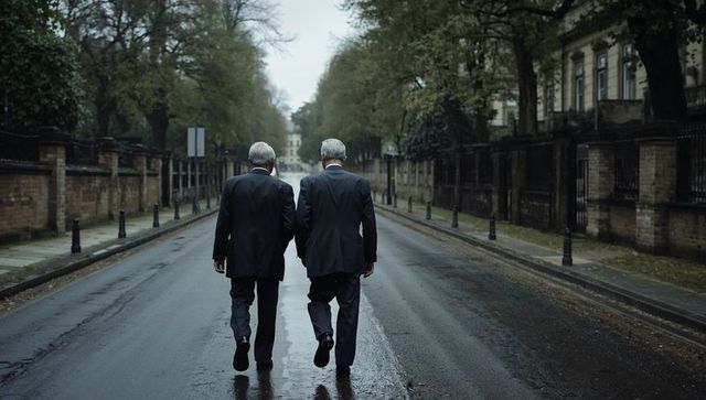 Two senior men walking along rain-soaked city street in dark suits and overcoats